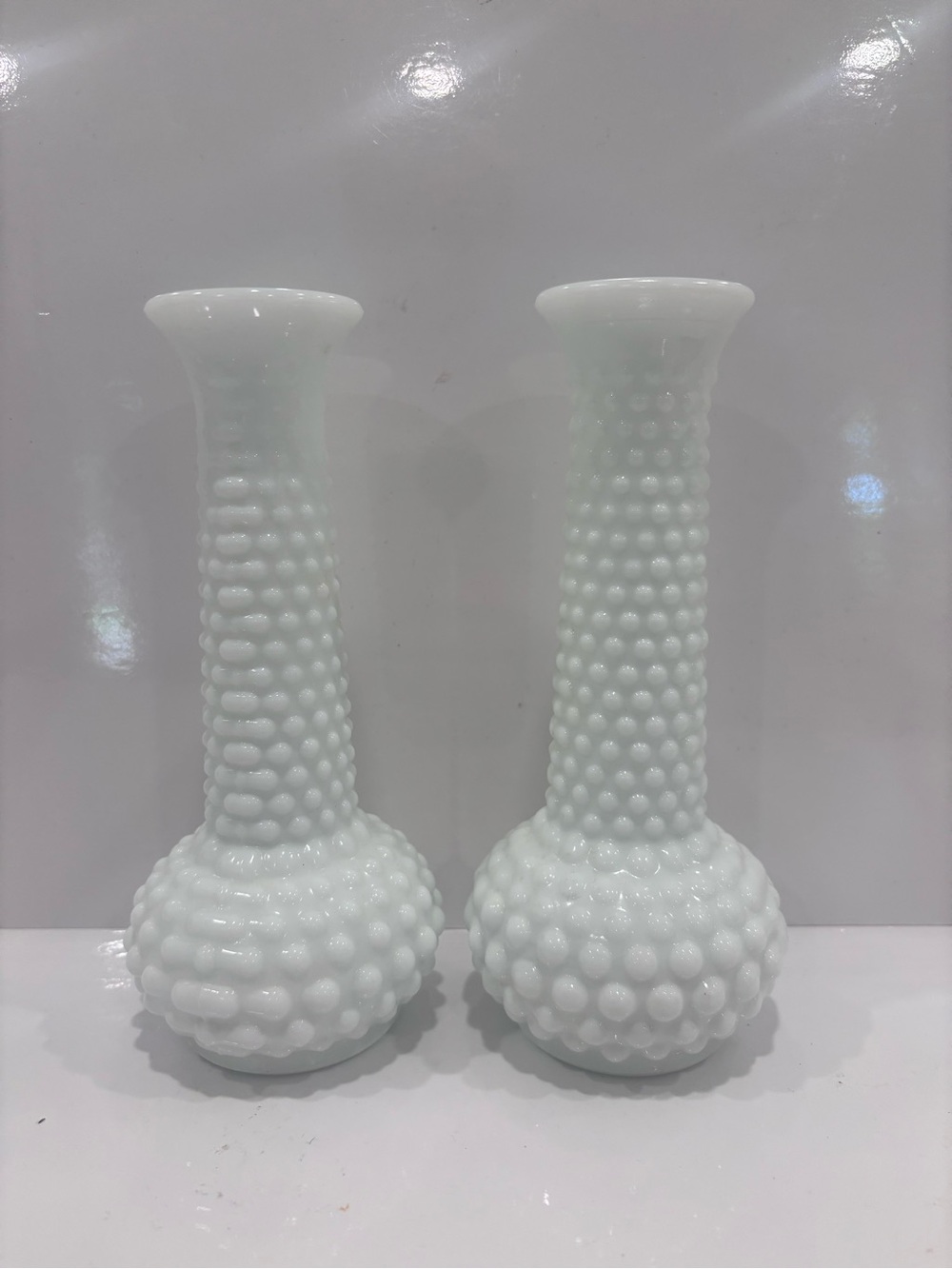 Pair of Vintage Fenton White Milk Glass Hobnail Bud Vases – 8” Tall